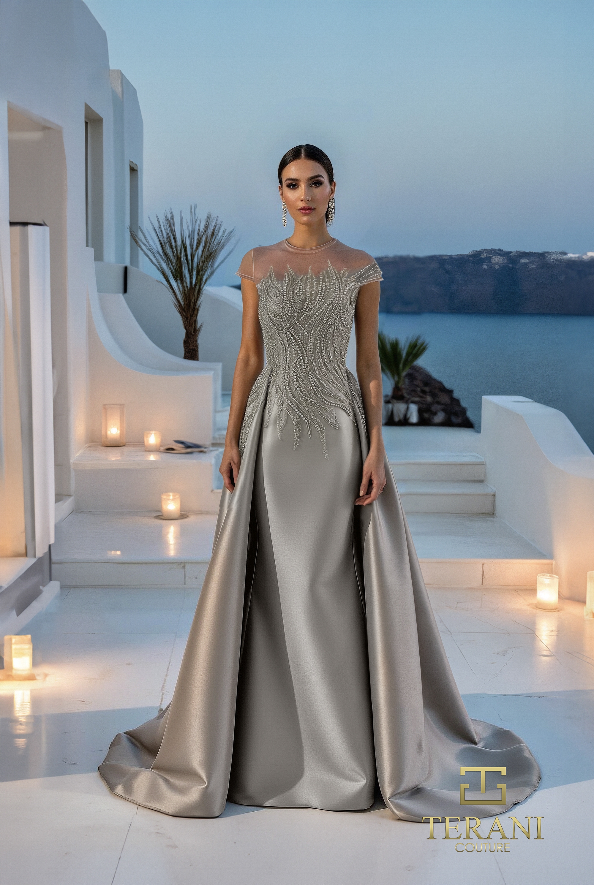 Terani Couture 261E6254 - Beaded Illusion Neck Mikado Overskirt Gown