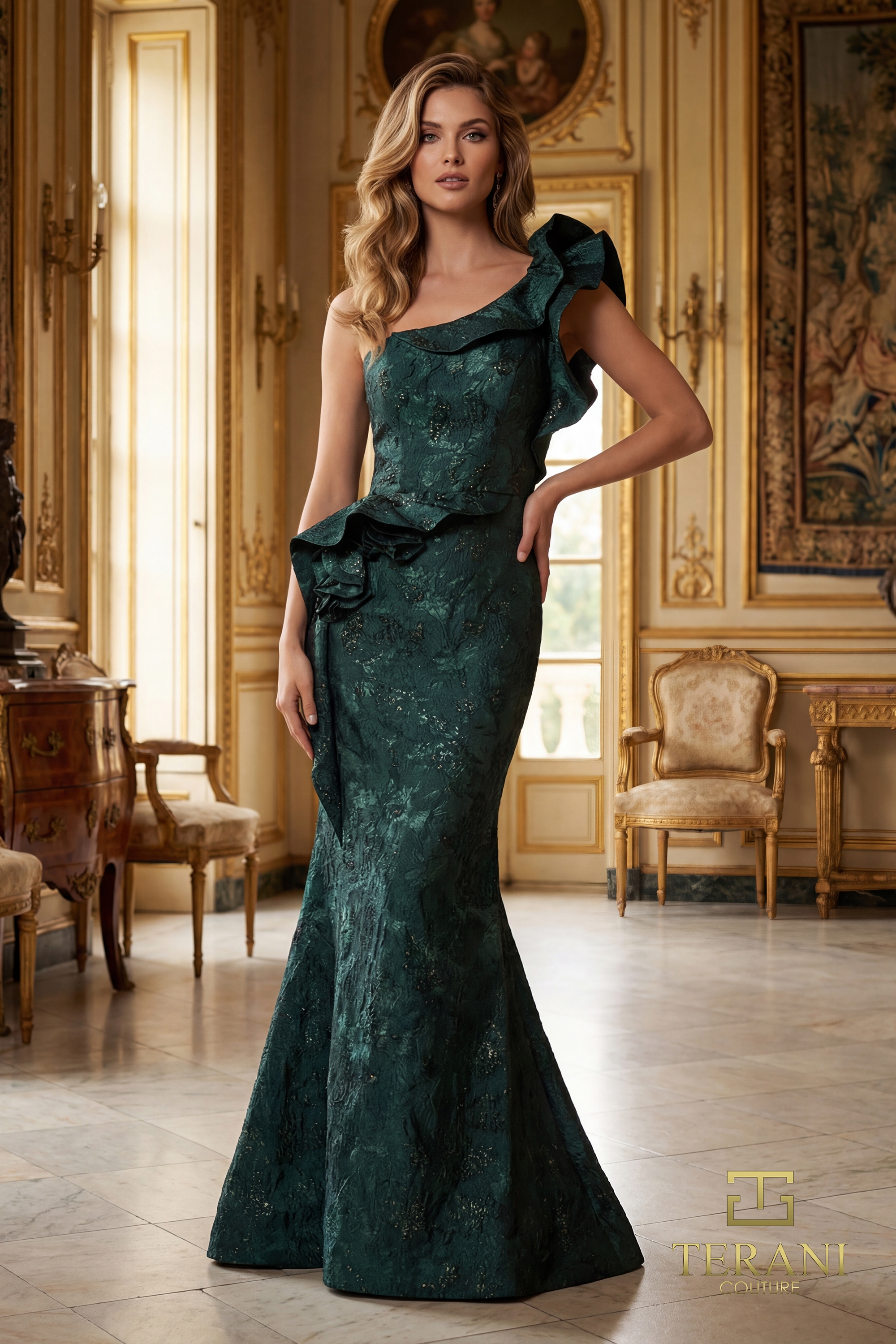 Terani Couture 261E6678 - Ruffled Asymmetric Neck Jacquard Gown