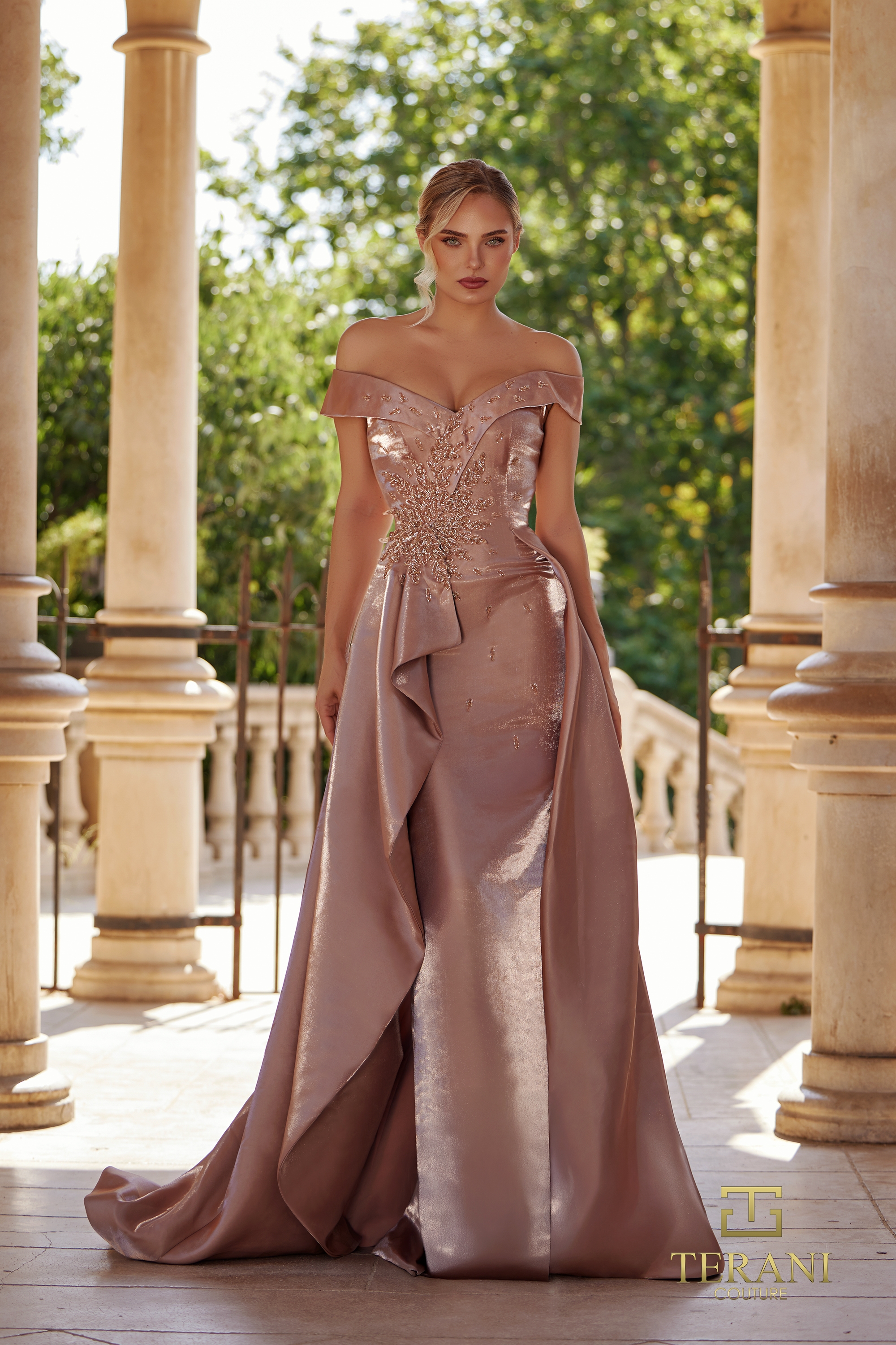 Terani Couture 261M6423 - Off Shoulder Embellished Overskirt Gown
