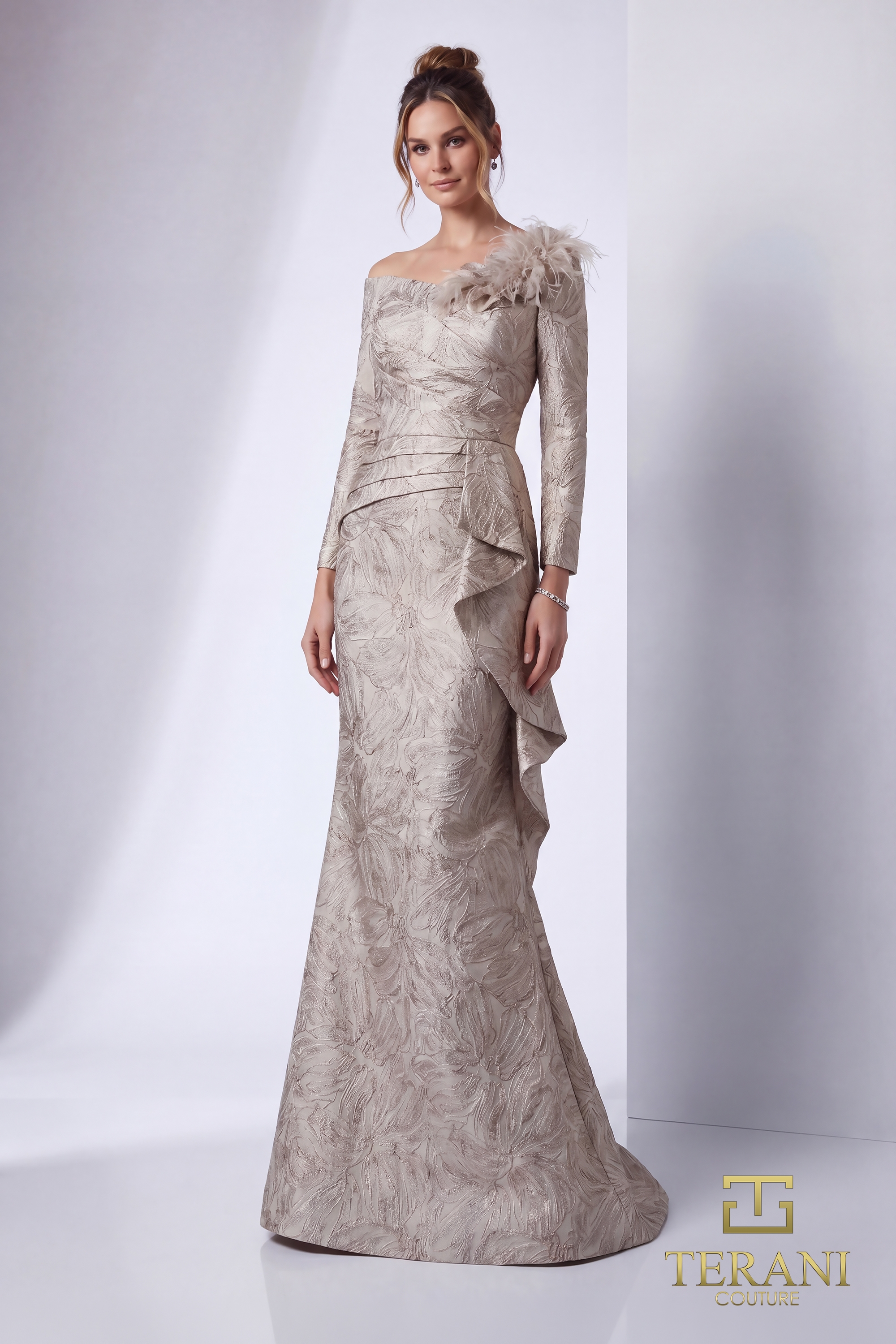 Terani Couture 261M6448 - Pleated Bodice Asymmetric Jacquard Gown